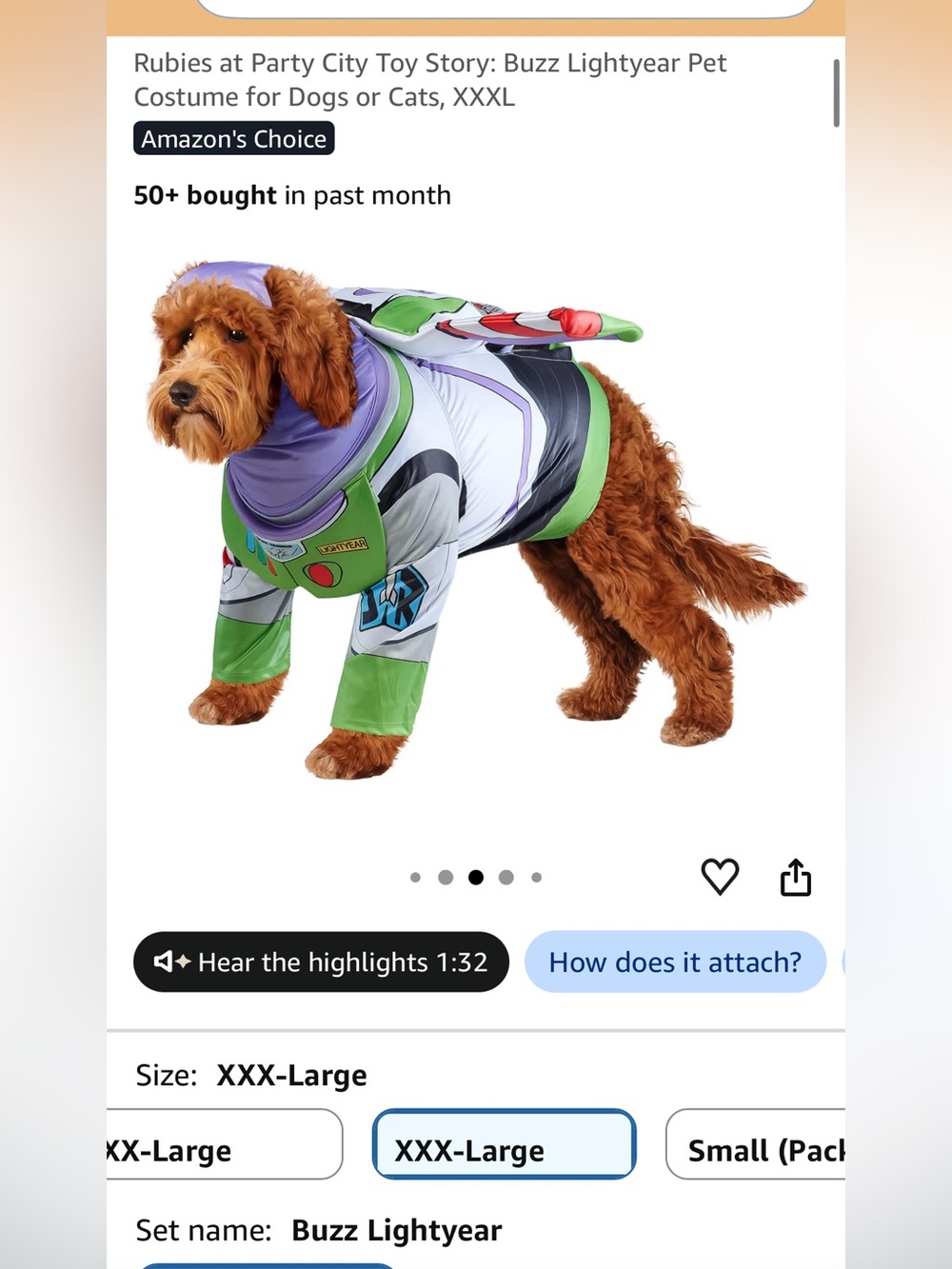 Rubie's Buzz Lightyear XXXL Dog Halloween Costume in Purple, Green & White